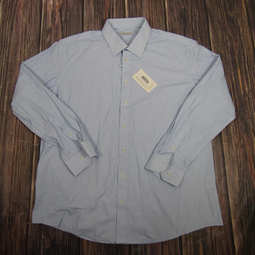 Collars & Co Dress‎ Shirt Mens 2XL Blue Tattersall Firm Collar Long Sleeve